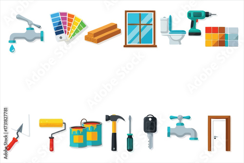 Vector art of home repair and renovation tools construction equipment, plumbing, painting, carpentry, electricity, tiling, and decoration supplies for house improvement