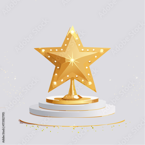 Elegant 3D star display stand with sparkling decoration and bright gold spotlights. Ideal for award ceremonies, celebrations and recognition events.