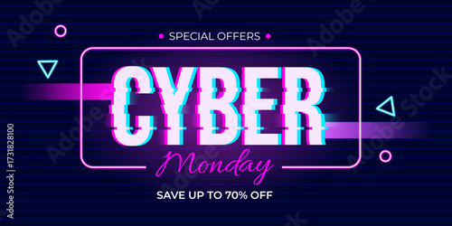 Cyber Monday glitch effect sale banner. Futuristic digital promotion design with neon and retro style elements.
