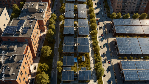Urban Rooftop Solar Panels – Sustainable Cityscape with Clean Energy Architecture