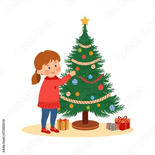 A happy child decorates a festive Christmas tree with ornaments and baubles, surrounded by gifts, capturing the heartwarming spirit of the holiday season