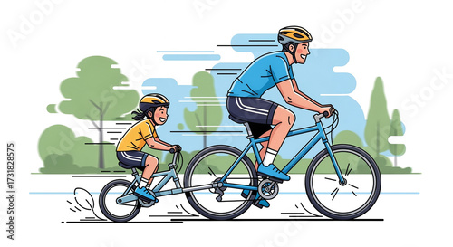 Happy Father and Daughter Cycling with a Tandem Bike Trailer
