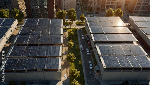 Urban Rooftop Solar Panels – Sustainable Cityscape with Clean Energy Architecture