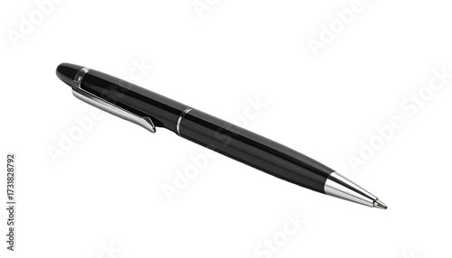 Glossy black pen with silver accents, angled on a black background