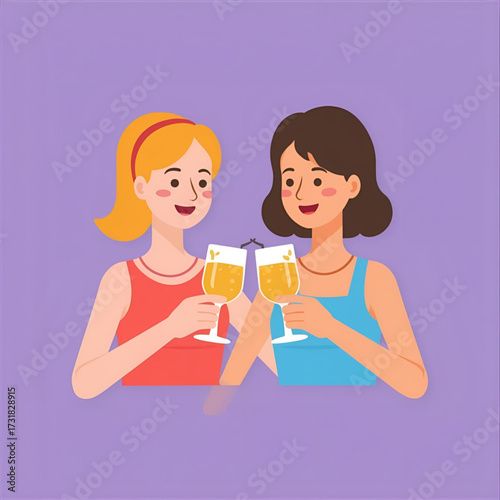 Two happy women friends clinking glasses of refreshing drinks, celebrating a special occasion or enjoying a cheerful social gathering, perfect for friendship and good times