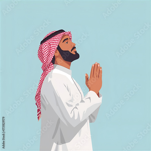 Illustration of a devout Middle Eastern man in traditional cultural attire, hands clasped in prayer and looking upwards. Image symbolizes faith, hope, and spiritual contemplation