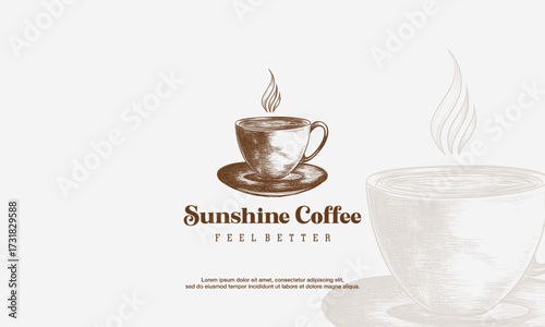 Coffee cup Hand Drawn logo - vector illustration, emblem design on white background.