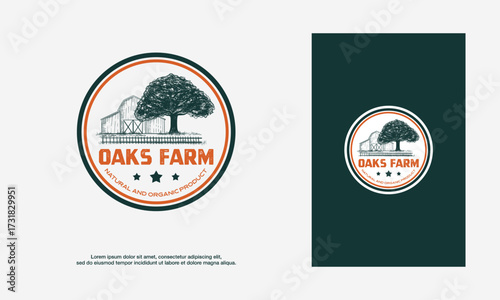 Barn with Oak tree Hand Drawing Symbol Farm Logo Vintage Circle Vector