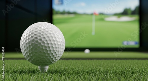 Fototapeta kuchenna Digital Drive - Extreme Close-Up of a Golf Ball on a Tee Before a Virtual Fairway.