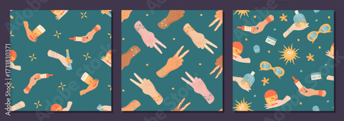 Flat seamless pattern with summer sunscreen bottle shapes and spf tube, two hand hold lotion, spray, and sunblock set. Sun care product collection summer protection in repeating square motif.