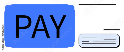 Large blue PAY button with transaction elements emphasizes digital payment action. Ideal for finance, e-commerce, online shopping, banking, mobile apps, fintech solutions, simple flat metaphor
