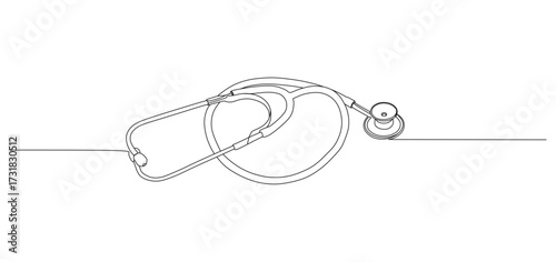 Continuous line drawing illustration of a stethoscope arranged in the shape of a heart. The minimalist medical artwork symbolizes healthcare, love, compassion, and the dedication of doctors and nurses