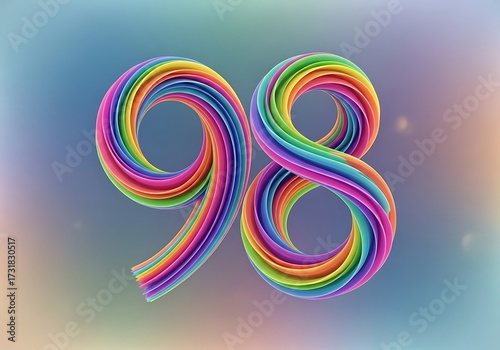 Visually appealing number 98 formed by vibrant, intertwined colorful strands on bokeh backdrop