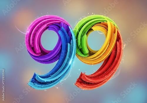 Dynamic number 99 illustration created from bright, swirling colorful elements with sparkles