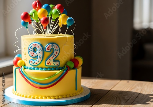 Elegant two-tier yellow birthday cake adorned with colorful balloons and a prominent number 92