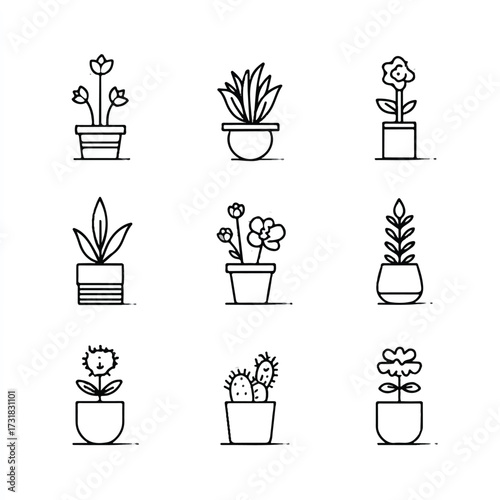 Collection of minimalist plant icons in pots representing different types of houseplants and flowers