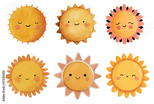Set of cute watercolor suns. Yellow sun with cute face and rays painted in watercolor. Sunny emoji. Cute cartoon children's characters. Vector illustration