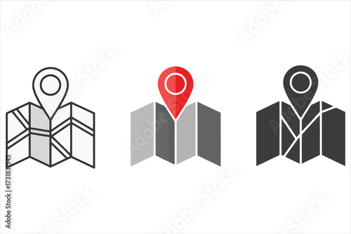 Vector art of map pointer icon set, featuring location pin symbols in various styles for navigation, travel, and geographic designs