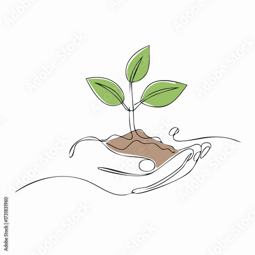 Continuous one line drawing of Hands holding growing seedlings. Single line drawing illustration of Hands holding leaf. Go green energy concept vector art. Doodle line illustration.
