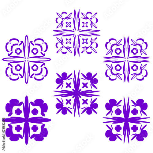Abstract geometric shapes. Decorative line patterns. Purple monochrome Vector. Modern tribal symbols.