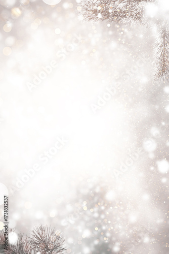  Blurred abstract silver Christmas background. Winter frame for design. Coniferous spruce branch.