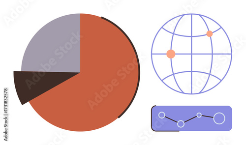 Pie chart divided into segments, global grid with data points, and line graph tracking trends. Ideal for data analysis, statistics, global insights, research, business reports, technology education