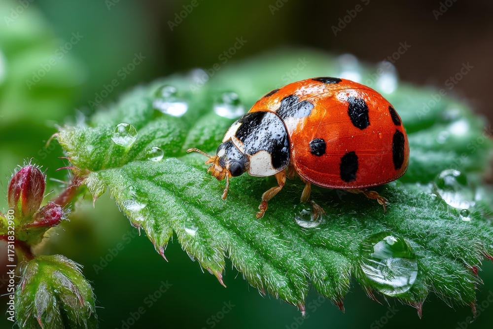 Obraz premium Ladybug on a Dewy Green Leaf Close Up