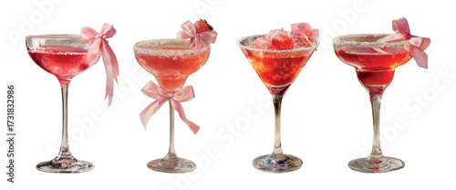 Set of vintage watercolor cocktails decorated with pink bow. Martini glasses with alcoholic drinks sprinkled with sugar on the rim and decorated with bow. Retro bar drinks.