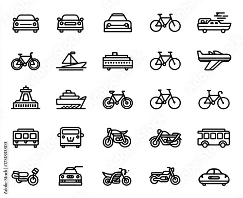 Collection of transportation icons featuring car bicycle ship motorcycle plane bus tram and other public transport vehicles