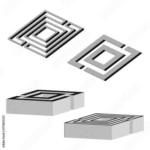 Maze square symbol. Geometric labyrinth icon. Abstract puzzle design. Vector black white game.