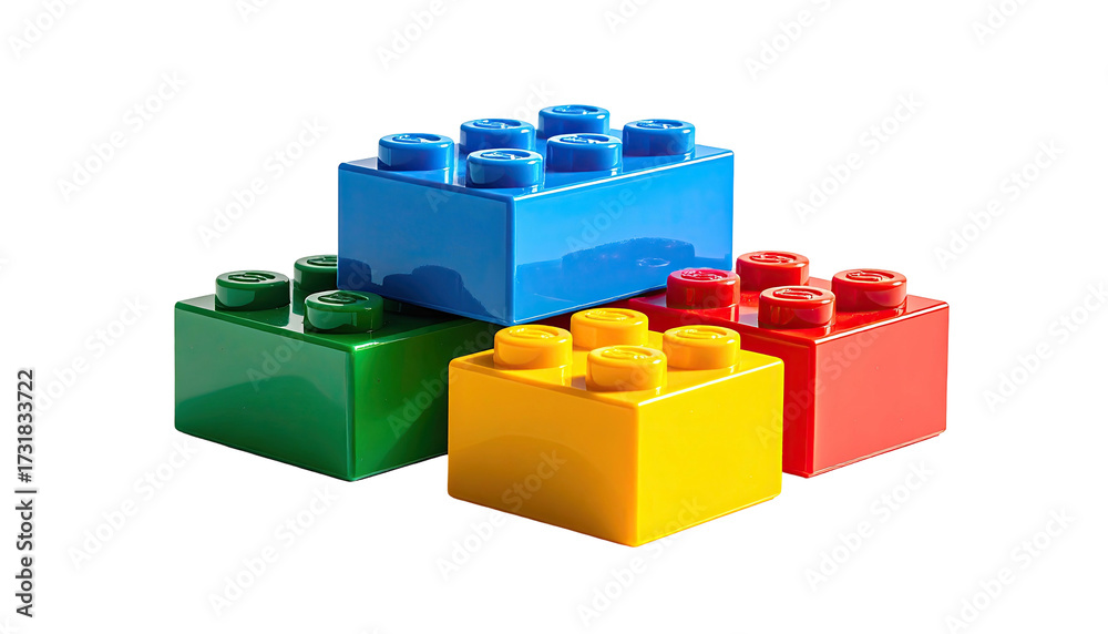 Obraz premium Close-up of four brightly colored, plastic construction bricks on a dark backdrop