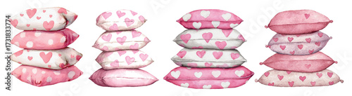 Watercolor set of stacks of pillows in a delicate pattern with hearts. Pillows in pillowcases with romantic pink hearts. Soft elements for sleep and decor. Romantic cliparts for Valentine's Day.