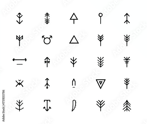 Collection of twenty five esoteric mystical alchemical symbols in a clean and minimalistic style against white backdrop