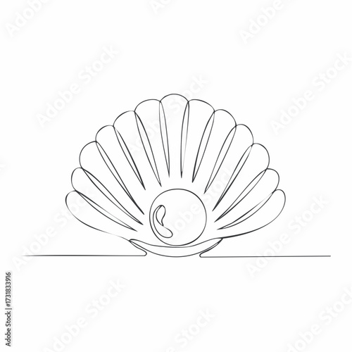 One continuous single-line drawing of a seashell. One-line art of beauty product pearl minimalist, Pearl in a seashell one line art drawing, Continuous abstract one line drawing of sea shell icon.