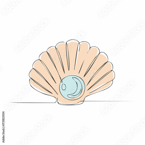 One continuous single-line drawing of a seashell. One-line art of beauty product pearl minimalist, Pearl in a seashell one line art drawing, Continuous abstract one line drawing of sea shell icon.