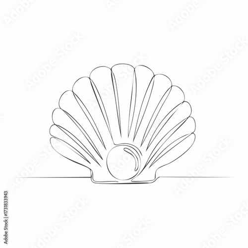 One continuous single-line drawing of a seashell. One-line art of beauty product pearl minimalist, Pearl in a seashell one line art drawing, Continuous abstract one line drawing of sea shell icon.