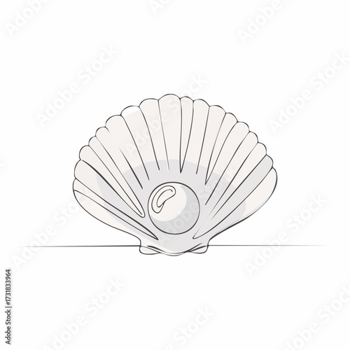 One continuous single-line drawing of a seashell. One-line art of beauty product pearl minimalist, Pearl in a seashell one line art drawing, Continuous abstract one line drawing of sea shell icon.