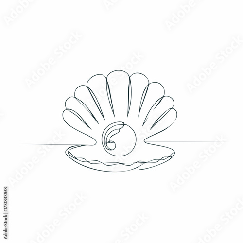 One continuous single-line drawing of a seashell. One-line art of beauty product pearl minimalist, Pearl in a seashell one line art drawing, Continuous abstract one line drawing of sea shell icon.