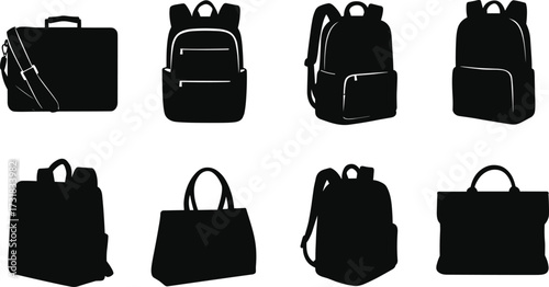 Bag silhouette set, backpacks, briefcases, handbags, tote bags, side profiles, travel gear, minimalist icons, fashion shapes, black design