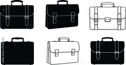 Black and white briefcase icons, professional bags, flap closures, buckle styles, office satchels, minimalist design, business accessories, outlined illustrations