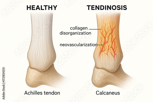 Illustration comparing a healthy Achilles tendon to one affected by tendinosis, highlighting collagen disorganization and neovascularization.