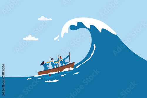 Big risk problem, danger or challenge, fear of crisis or disaster, courage or determination to overcome problem, vulnerability or hopelessness concept, business people face big wave danger problem.