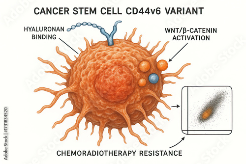 Illustration of a Cancer Stem Cell with CD44v6 Variant showing Hyaluronan Binding, Wnt/β-Catenin Activation, and Chemoradiotherapy Resistance, accompanied by a flow cytometry plot.
