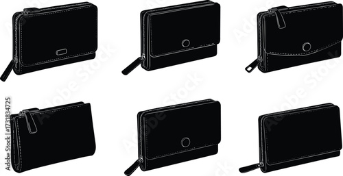 Black silhouette wallets and clutch purses with zipper, flap, and button closures, fashion icons for ecommerce, branding, retail, packaging