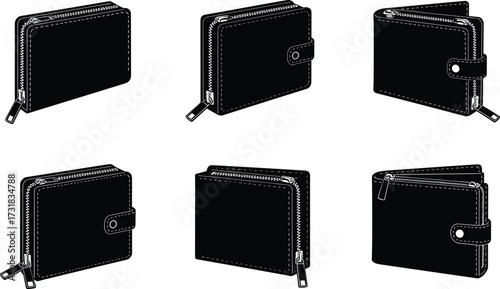 Black wallets with white stitching and zipper closures, shown in multiple angles, fashion accessory icons for ecommerce, branding, retail packaging