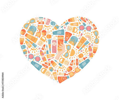 Cartoon heart banner with sunscreen, spf, sun, lotion, spray, cream, bottle, tube set. Heart shape product concept with sun care and cosmetic collection, playful style, perfect for summer themes.