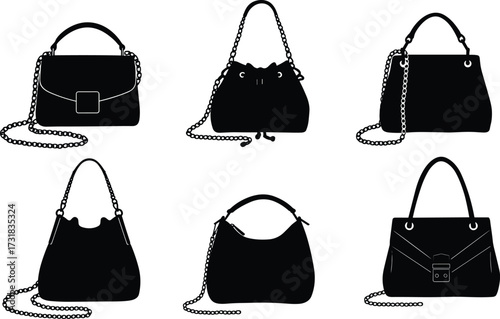 Handbag silhouette set, chain straps, flap closures, drawstring styles, hobo bags, crescent shapes, fashion icons, minimalist design, black profiles