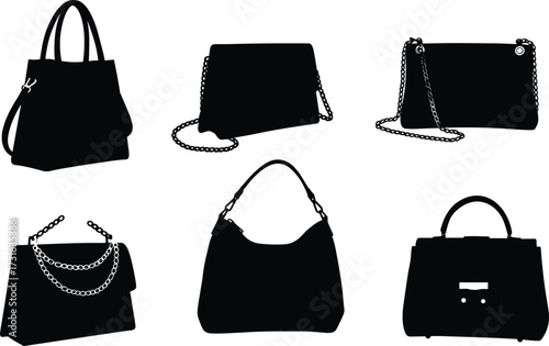 Handbag silhouette set, tote bags, flap purses, chain straps, hobo styles, satchel shapes, fashion icons, minimalist design, black profiles