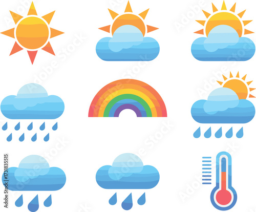 Colorful weather icons set with sun, clouds, rain, rainbow, and temperature, flat vector illustration for forecast design