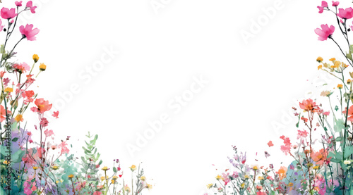 Watercolor pink wildflowers on isolated background. Field and meadow pink flowers with green grass on isolated background. Romantic summer wildflowers.